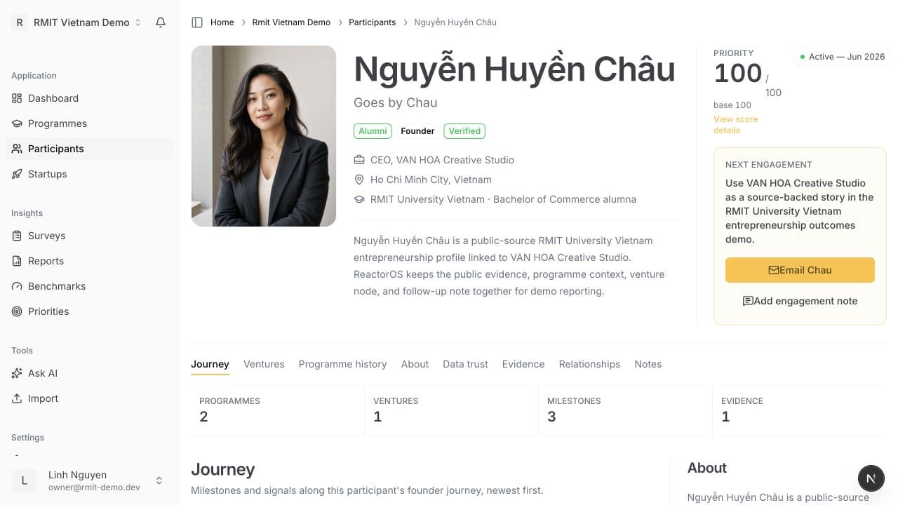 ReactorOS demo founder dossier with profile, programme, venture, and evidence details.